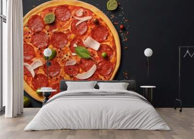 California-style pizza topped with gooey cheese and pepperoni slices on a black dish, tempting and ready to be enjoyed indoors. Wall mural