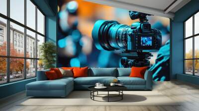 Camera on tripod, blur effect captures movement. Wall mural