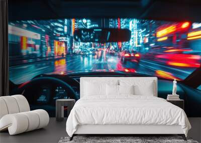 Car driving through city at night, illuminated by bright city lights, creating streaks of light as it moves through traffic. Wall mural