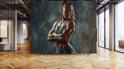 Caucasian female bodybuilder showcasing her sculpted muscles with a cross-armed pose against a textured backdrop. Wall mural