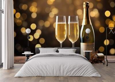 Celebratory champagne bottle with two filled glasses sparkling against a golden bokeh background. Wall mural