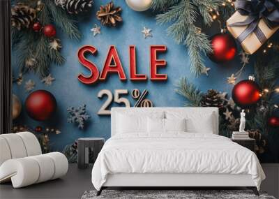 Christmas 25% sale banner featuring festive decorations and gifts. Wall mural