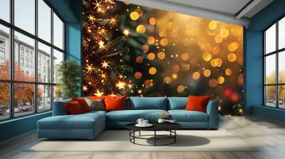 Christmas background with twinkling lights and shimmering stars, creating a magical festive atmosphere. Wall mural