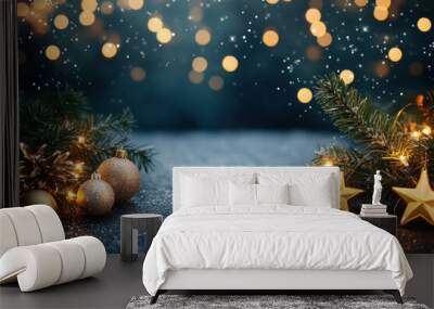 Christmas decorations on a dark background: glittering ornaments, sparkling lights, and a glowing tree create a festive ambiance, spreading holiday cheer. Wall mural