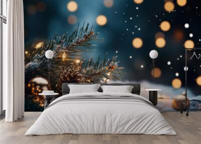 Christmas lights and decorations glowing in the snow, creating a magical winter wonderland. Wall mural