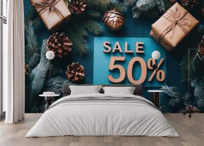 Christmas presents with the words sale 50%. Wall mural