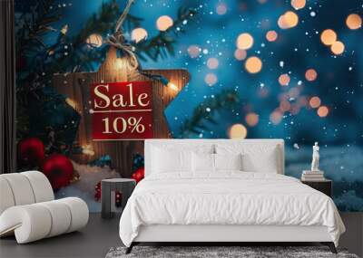 Christmas sale 10% off red food items under a snow-covered decorated tree on a winter day. Wall mural