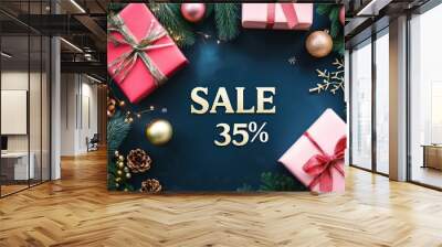 Christmas sale banner surrounded by presents and decorations, capturing the festive spirit of gift-giving. 35% sale Wall mural