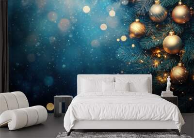 Christmas tree adorned with golden ornaments, beautiful lights shining against a serene blue background. Wall mural