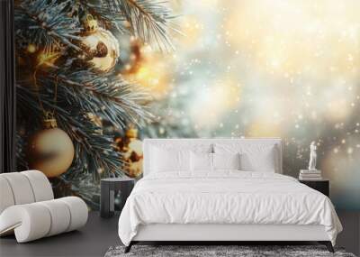 Christmas tree with ornaments and snow in cozy living room - warm, inviting glow emanating from lights, presents scattered around. Wall mural