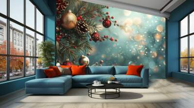 Christmas tree with red and gold ornaments, surrounded by twinkling lights and glittering baubles, casting a warm and festive glow in a cozy living room. Wall mural