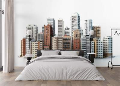 Cityscape with numerous buildings against a white background. Wall mural