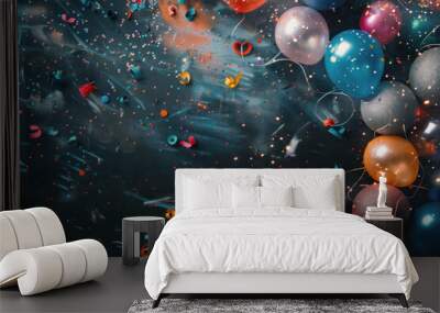 Colorful balloons and confections on a black background. Wall mural