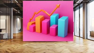 Colorful bar chart with arrow pointing up, indicating growth or progress. Wall mural