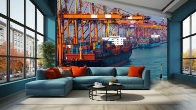 Container ship unloading cargo containers at a port. Majestic vessel amidst bustling maritime transport operations. Wall mural