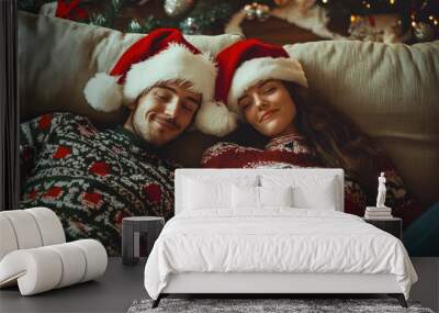 Couple in Christmas hats lounging on a couch, surrounded by festive decorations, smiling warmly at each other, creating a cozy holiday atmosphere. Wall mural