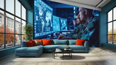 Cybersecurity Military Personnel Monitoring Data on Multiple Computer Screens in a High-Tech Command Center Wall mural