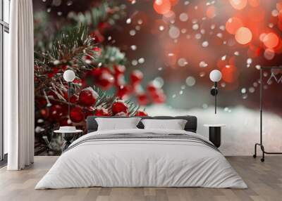 Decorated Christmas tree surrounded by snow, adorned with red ornaments, and topped with a star. Next to it, a table laden with festive food and plants create a cozy winter scene. Wall mural