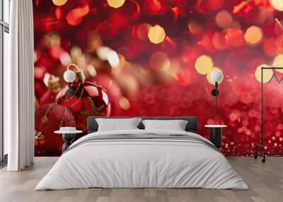 Decorated Christmas tree with twinkling lights and red ornaments surrounded by delicious festive food. Wall mural