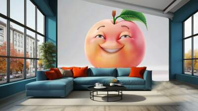 Delightful peach character with a sweet smile and leafy top, embodying freshness and joy in a minimalist style. Wall mural