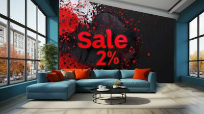 Dramatic 2% sale advertisement with striking red splatter on black background, designed to capture attention in high-impact marketing campaigns. Wall mural