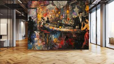 Dynamic painting of a lively bar scene with colorful brush strokes and abstract figures, depicting nightlife and social interaction. Wall mural