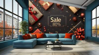 Elegant holiday sale banner showcasing a luxurious 80% discount amid golden wrapped gift boxes and festive ornaments on a dark background Wall mural