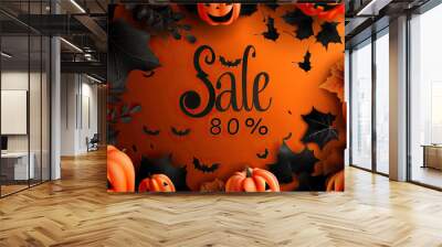 Exclusive Halloween promotional poster featuring smiling pumpkins and bats on a dark orange backdrop, advertising an 80% sale. Wall mural