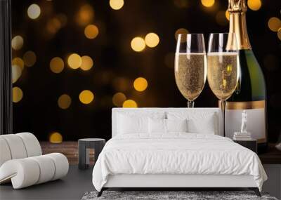 Festive celebration scene with two champagne glasses and a bottle on a glittery surface, lit by soft bokeh lights. Wall mural