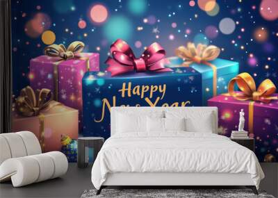 Festive Happy New Year wallpapers featuring colorful fireworks bursting against a starlit sky, creating a vibrant and celebratory atmosphere. Wall mural