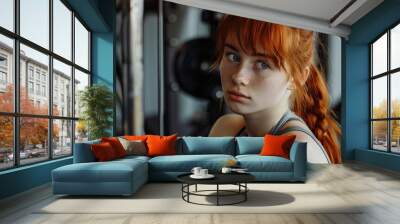 Focused young Caucasian woman with red hair training at the gym, displaying determination and strength Wall mural