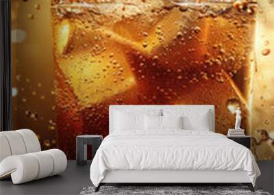 Glass of cola with ice, water splashes. Wall mural