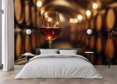 Glass of wine on barrel, rustic setting. Wall mural