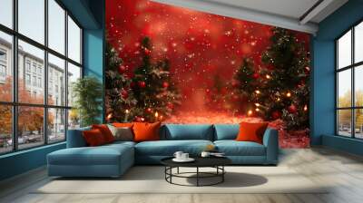 Glowing Christmas tree adorned with sparkling ornaments and shimmering lights, casting a warm holiday spirit in a cozy festive setting. Wall mural