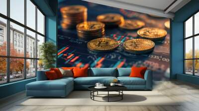 Gold coins atop rising stock chart symbolizing successful investments. Wall mural