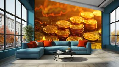 Gold coins scattered amidst financial graphs on a table. Wall mural