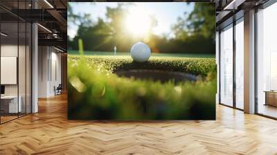 Golf ball on green grass under blue sky, surrounded by sports equipment in outdoor field. Black and white dominate the landscape with lush green plants. Wall mural