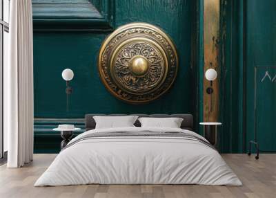 Green door with brass knock. Wall mural