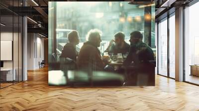 Group of Caucasian friends enjoying a lively conversation over coffee in a cozy, sunlit urban cafe setting. Wall mural