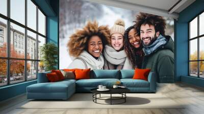 group of diverse friends enjoying a winter day outdoors, showcasing warmth and joy in a snowy settin Wall mural