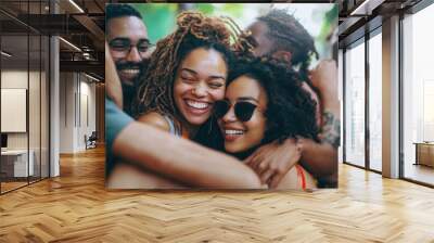 Group of friends hugging and smiling in a sunny park, enjoying a picnic together on a checkered blanket. Wall mural