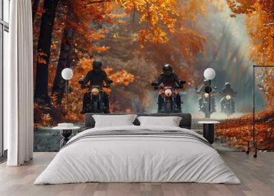 Group of Motorcyclists Riding on a Scenic Autumn Road Lined with Colorful Trees, Capturing the Essence of Fall Adventures Wall mural