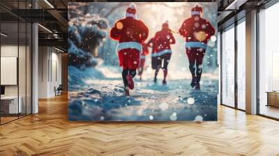 Group of people dressed as Santa Claus participating in a festive winter run on a snowy day, spreading holiday cheer Wall mural