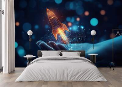 Hand holding glowing rocket, ready for launch. Wall mural