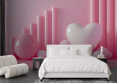 Heart-shaped balloon surrounded by white balloons at a celebration, symbolizing love and happiness. Wall mural