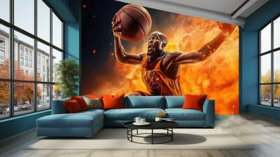 Intense basketball player in mid-action on a fiery background, capturing the energy and dynamic motion of the sport Wall mural