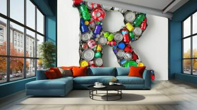 Letter R Formed by a Colorful Assortment of Crushed Plastic Waste on White Background. recycling concept Wall mural