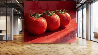 Luscious red tomatoes on the vine with water droplets, illuminated by soft light on a reflective red surface, perfect for culinary themes Wall mural