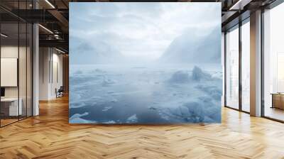 Majestic arctic landscape showing a vast icy expanse surrounded by snow-covered mountains under a misty sky Wall mural