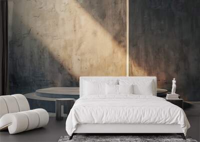 Minimalistic concrete pedestal with dramatic sunlight casting shadow in a grunge textured room Wall mural